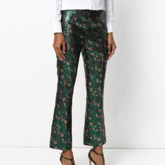 NWT Auth Prada metallic green floral print kick flare ankle pants SZ IT 40 US 6 - Picture 2 of 10